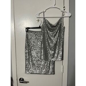 Ann Taylor Silver Sequin 2 Piece Set Cowl Neck Cami & Pencil Skirt Petite XXSP